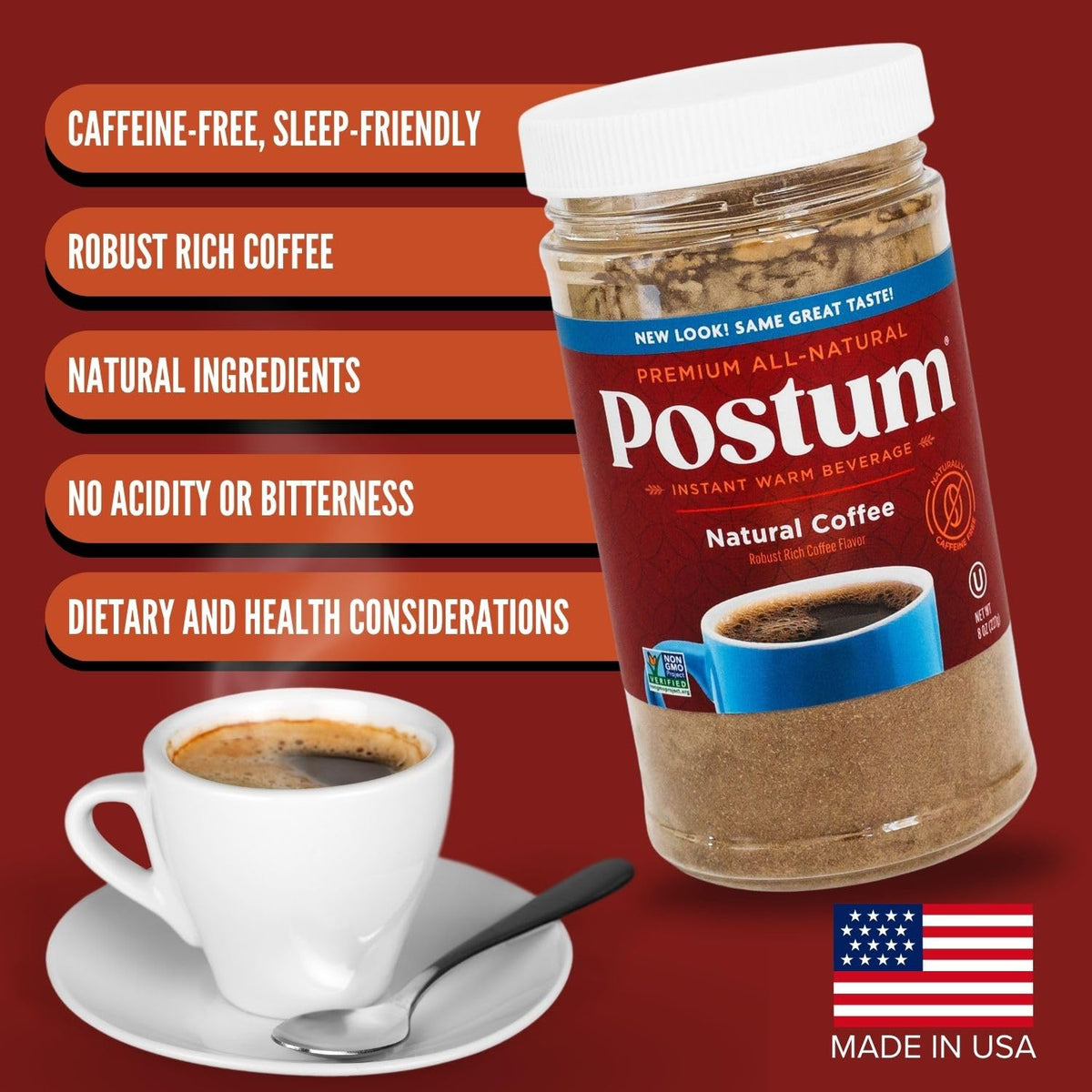 Cup of Postum with creamy texture, showcasing nutty flavor and molasses notes
