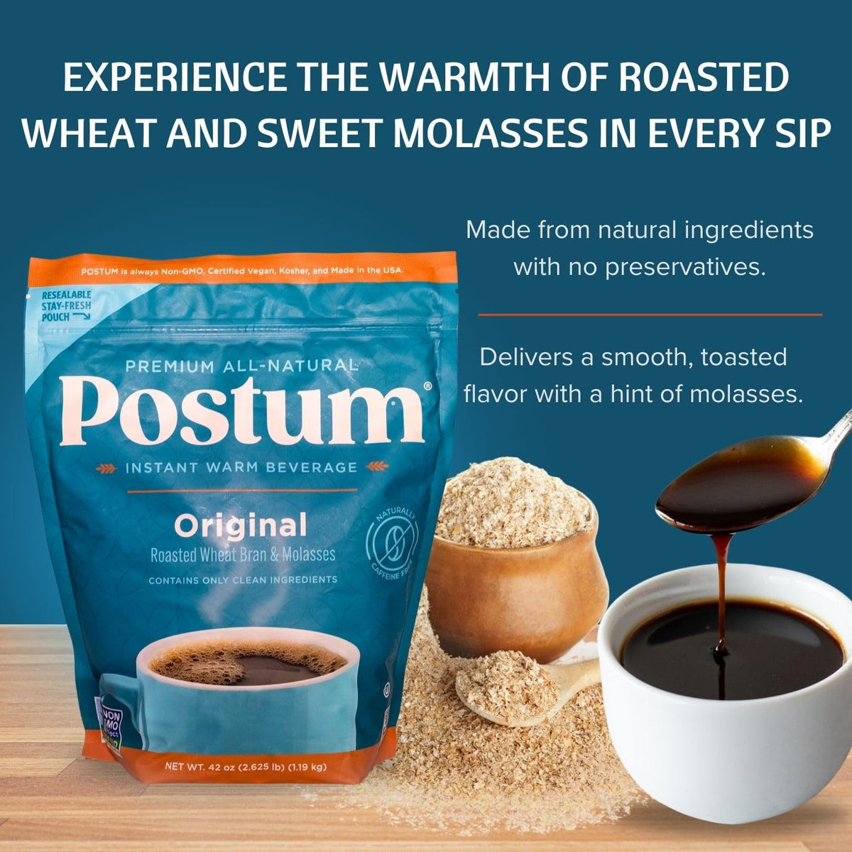 Postum Original dry-powder-spoon enables precise measurement for quick cups.