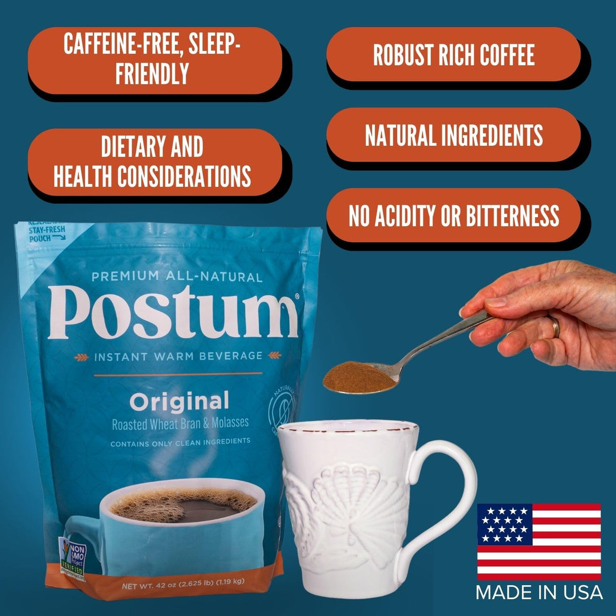 Postum Original mixed-hot-water-milk demonstrates crafting a creamy, caffeine-free cup.