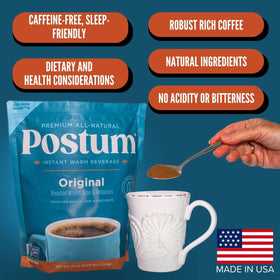Postum Original mixed-hot-water-milk demonstrates crafting a creamy, caffeine-free cup.