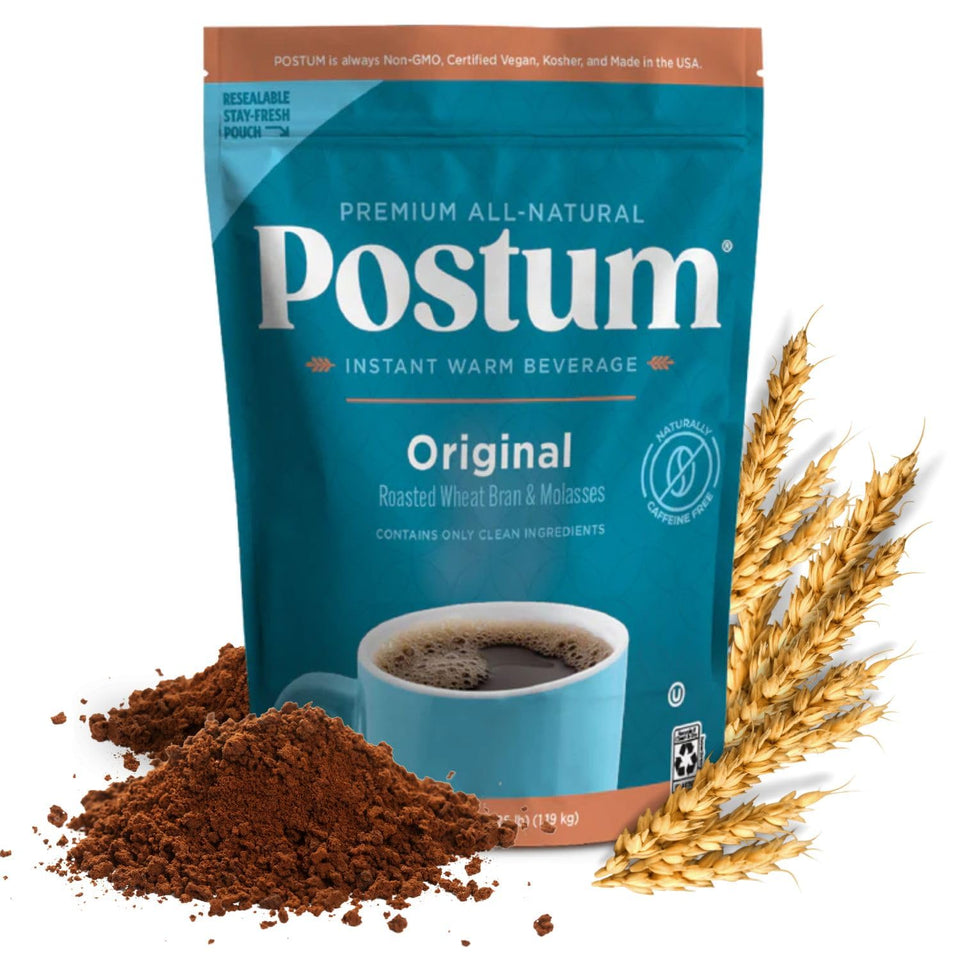 Postum Original roasted-wheat-bran shows a smooth, caffeine-free start to the day.