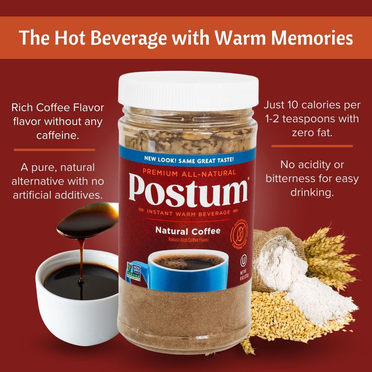 Ready-to-mix Postum granules beside hot water for quick preparation