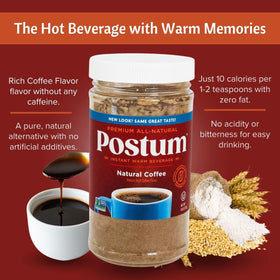 Ready-to-mix Postum granules beside hot water for quick preparation