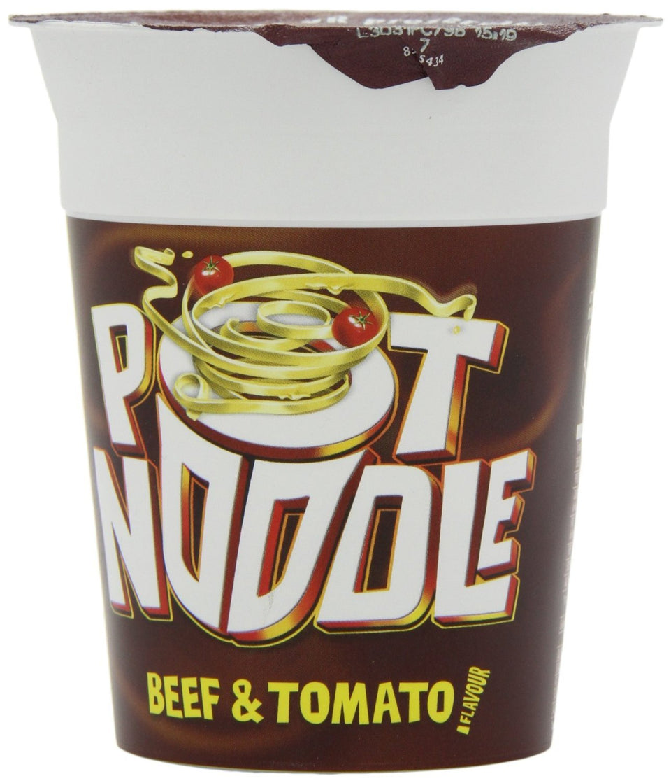 Pot Noodle Beef and Tomato 90-gram pack 12, ready for a quick, convenient lunch.