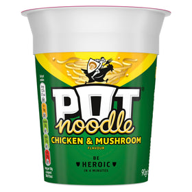 Pot Noodle Chicken and Mushroom served in a steaming bowl for a comforting quick meal