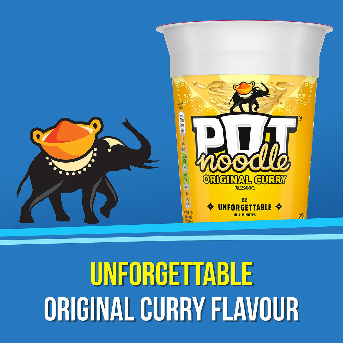 Pot Noodle Original Curry 90g cup open, showing noodles and curry sauce.