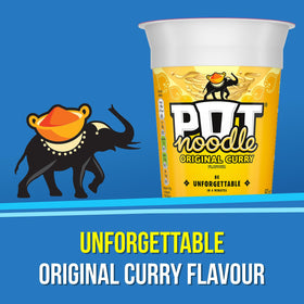 Pot Noodle Original Curry 90g cup open, showing noodles and curry sauce.