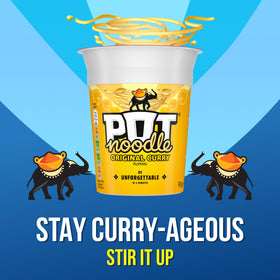 Close-up of Pot Noodle Original Curry 90g noodles in creamy curry.