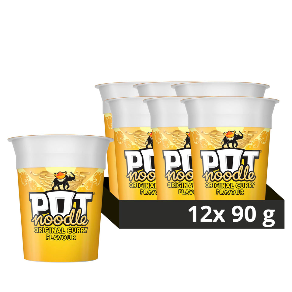 Pot Noodle Original Curry 90g 12-pack on shelf for quick meals.