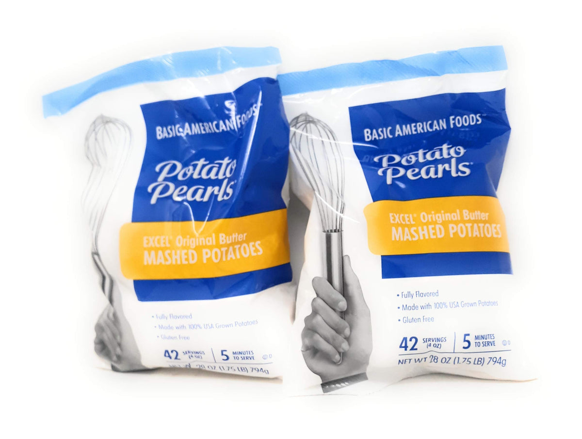 Potato Pearls Excel mashed potatoes 2-pack pouch on box front for quick prep.