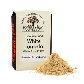 Poverty Bay Coffee Co White Tornado beans in a 1lb bag with a rich, nutty aroma.