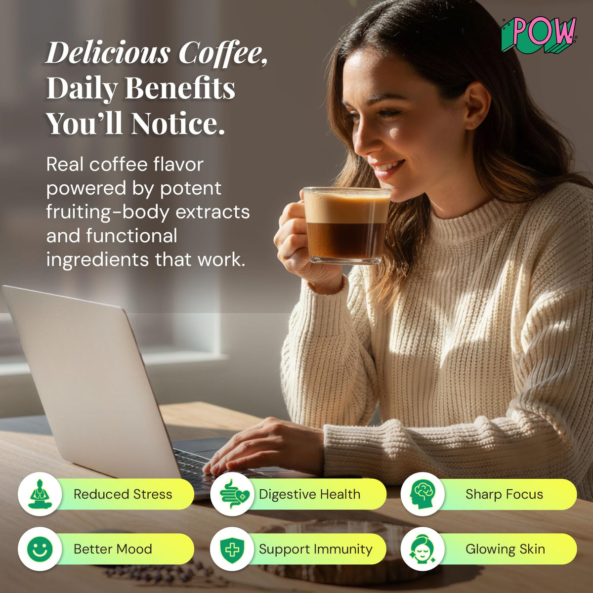 POW Wonder Coffee with collagen visual highlights peptides for a balanced daily routine.