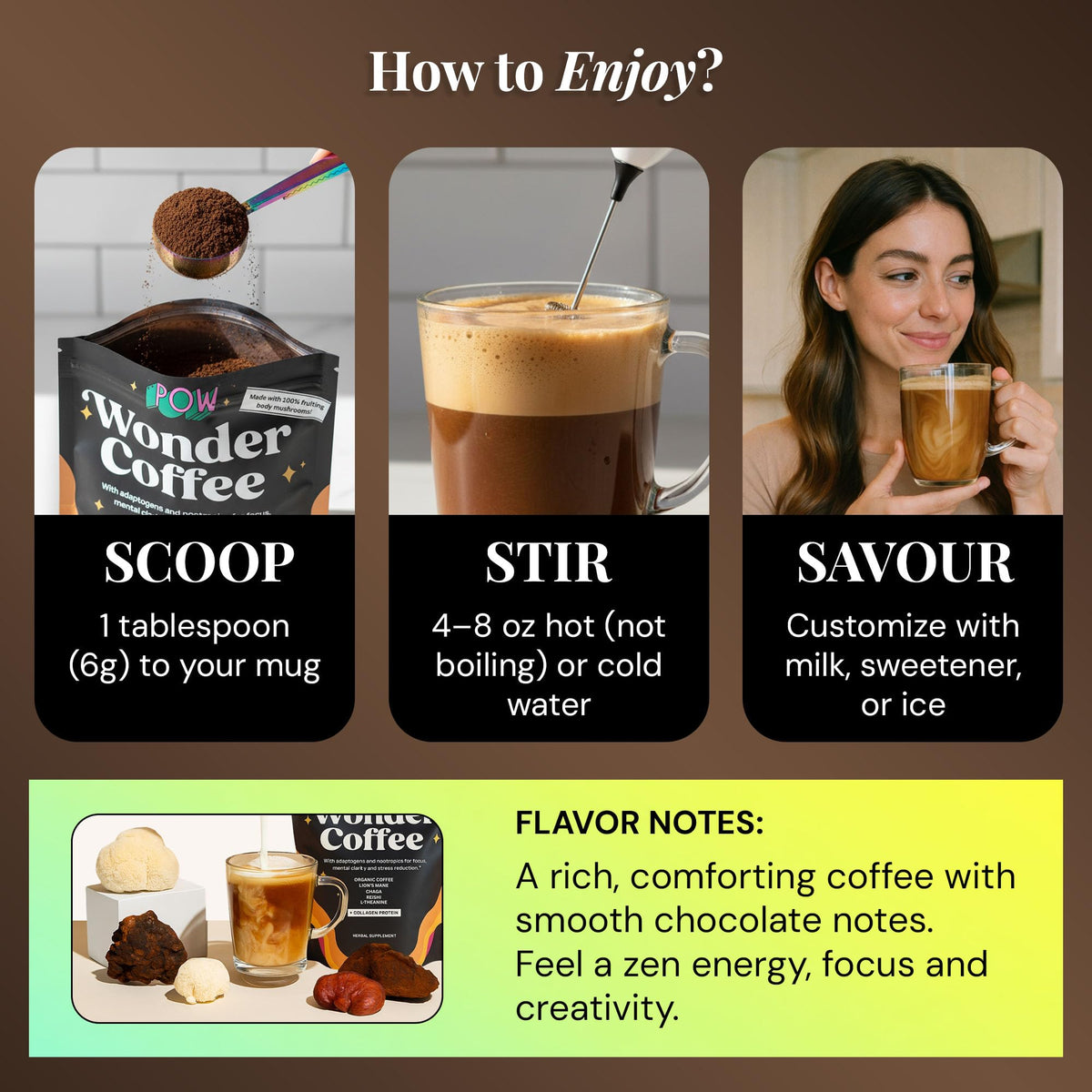 POW Wonder Coffee instant powder dissolves easily into hot or cold water.