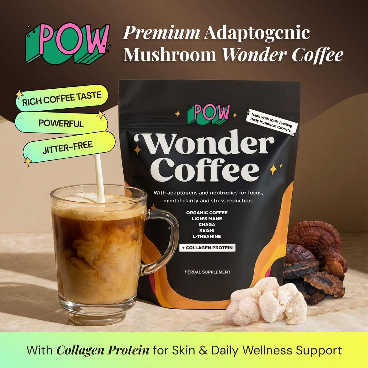 POW Wonder Coffee mushroom blend ingredients image emphasizes Lion’s Mane, Reishi, and Chaga.