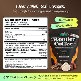 POW Wonder Coffee packaging closeup shows label with collagen and caffeine information.