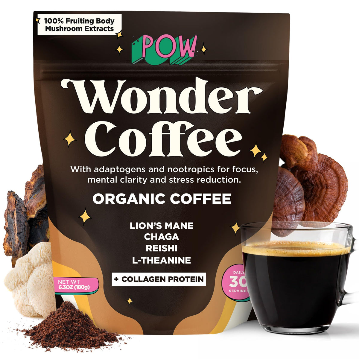 POW Wonder Coffee packaging front highlights premium mushroom blend for focused mornings.