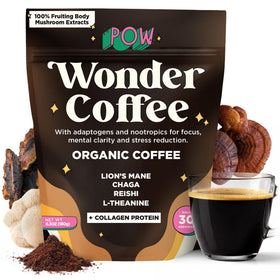 POW Wonder Coffee packaging front highlights premium mushroom blend for focused mornings.