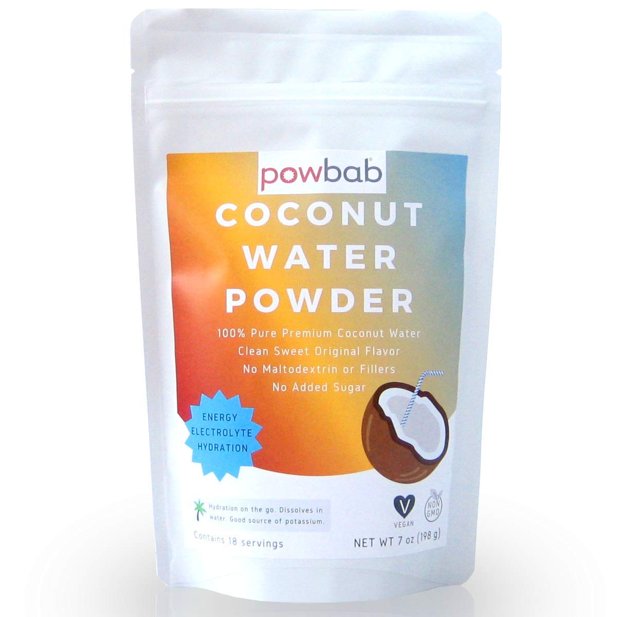 powbab coconut water powder in a bag showing organic, unsweetened hydration on the go.