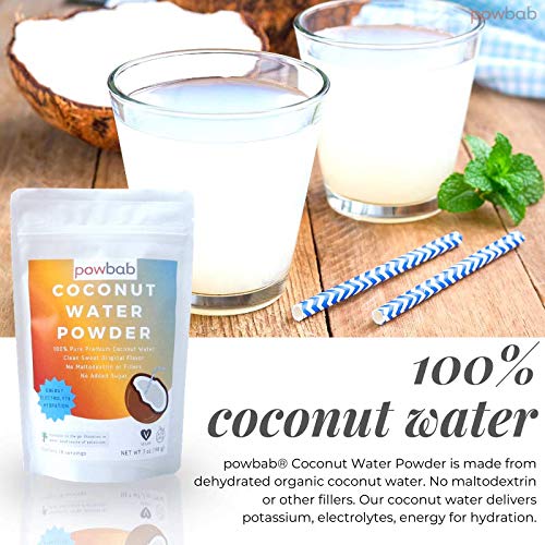 powbab coconut water powder dissolves instantly in water for smooth hydration.
