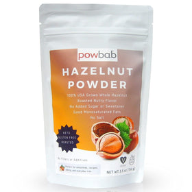 Powbab Hazelnut Powder bottle highlights roasted hazelnuts for baking flavor