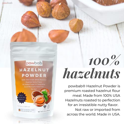 Powbab Hazelnut Powder being poured shows gluten-free nut flour in use