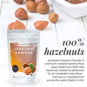 Powbab Hazelnut Powder being poured shows gluten-free nut flour in use