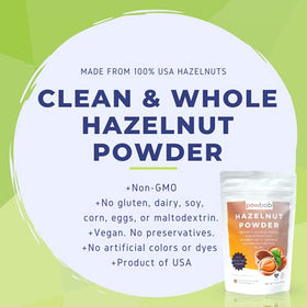 Powbab Hazelnut Powder USA-milled label emphasizes domestic origin