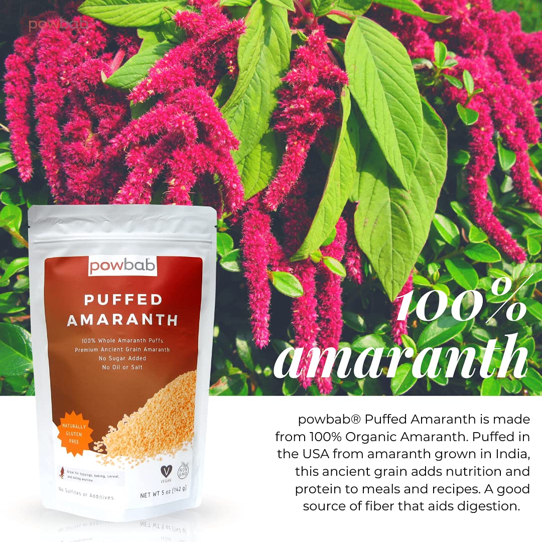 powbab Puffed Amaranth bulk pack showcasing 100% organic grain for pantry use.