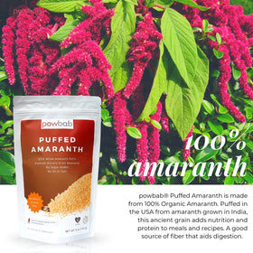 powbab Puffed Amaranth bulk pack showcasing 100% organic grain for pantry use.