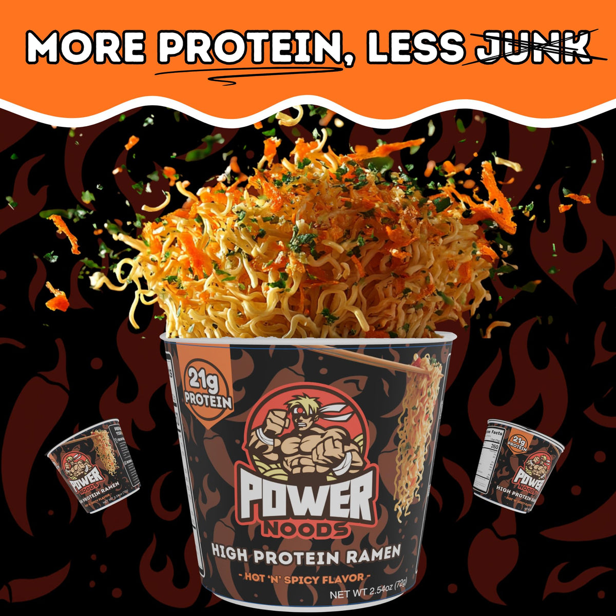 Power Noods 12-pack on shelf for meal prep.