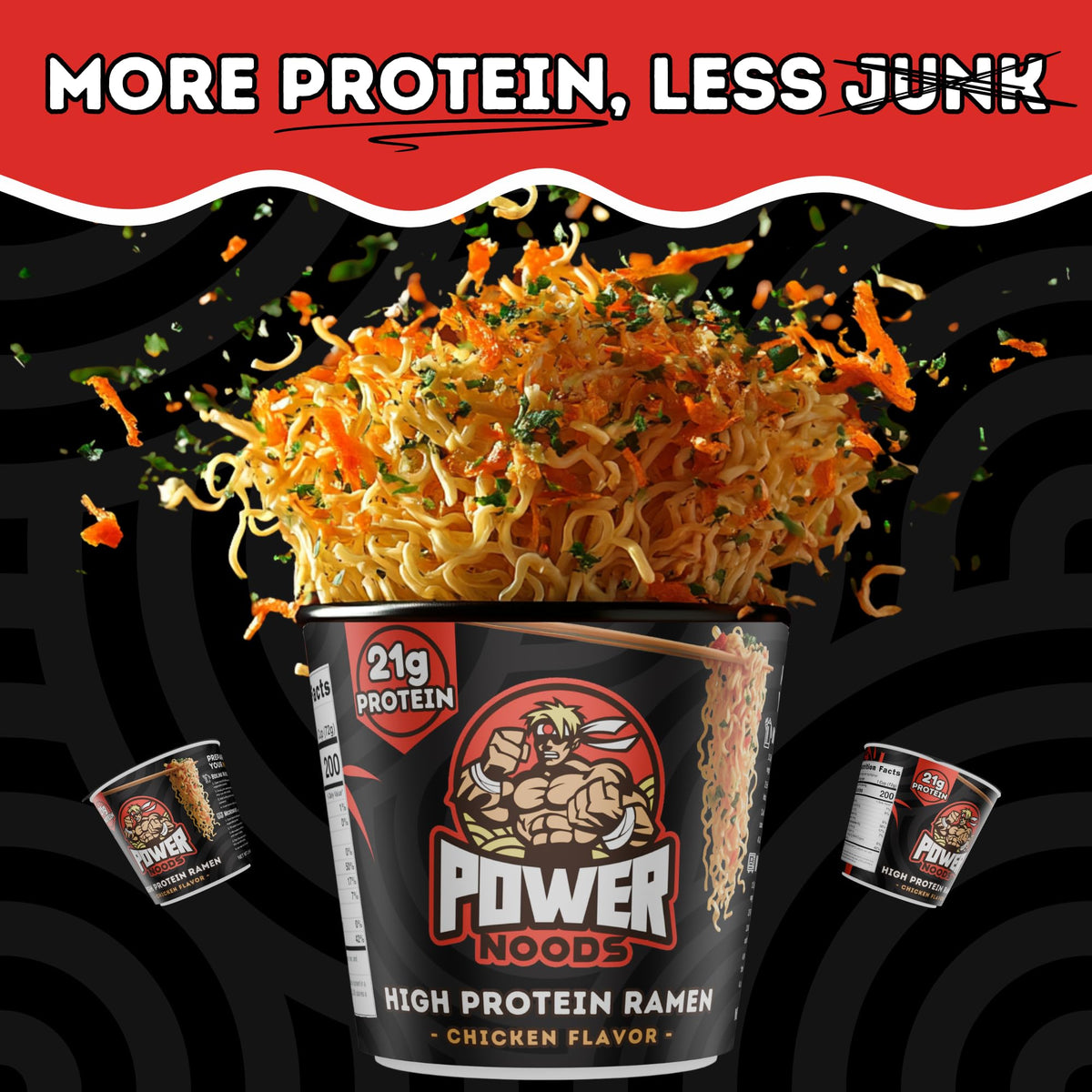 Power Noods broth detail captures savory herbs and dehydrated veggies.