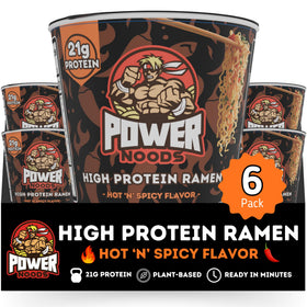 Power Noods ramen cup with steaming broth for a quick protein meal.