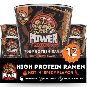 Power Noods high-protein ramen cup steaming, ideal for quick plant-based meals.