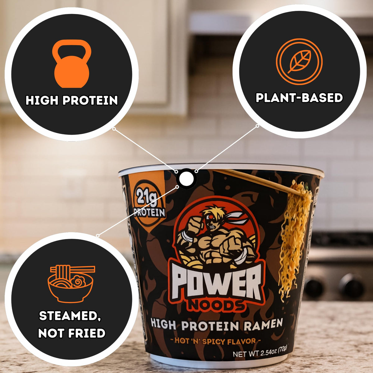 Power Noods hot 'n' spicy noodles in a bowl with bold flavor.