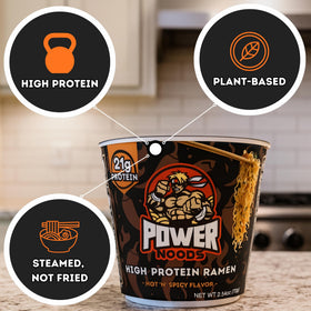 Power Noods hot 'n' spicy noodles in a bowl with bold flavor.