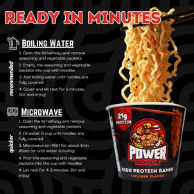 Power Noods lunch-break serving demonstrates protein-rich meal for busy days.