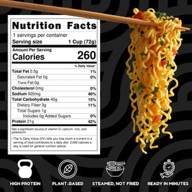 Power Noods plant-based protein cup close-up highlights clean ingredients and protein-rich broth.