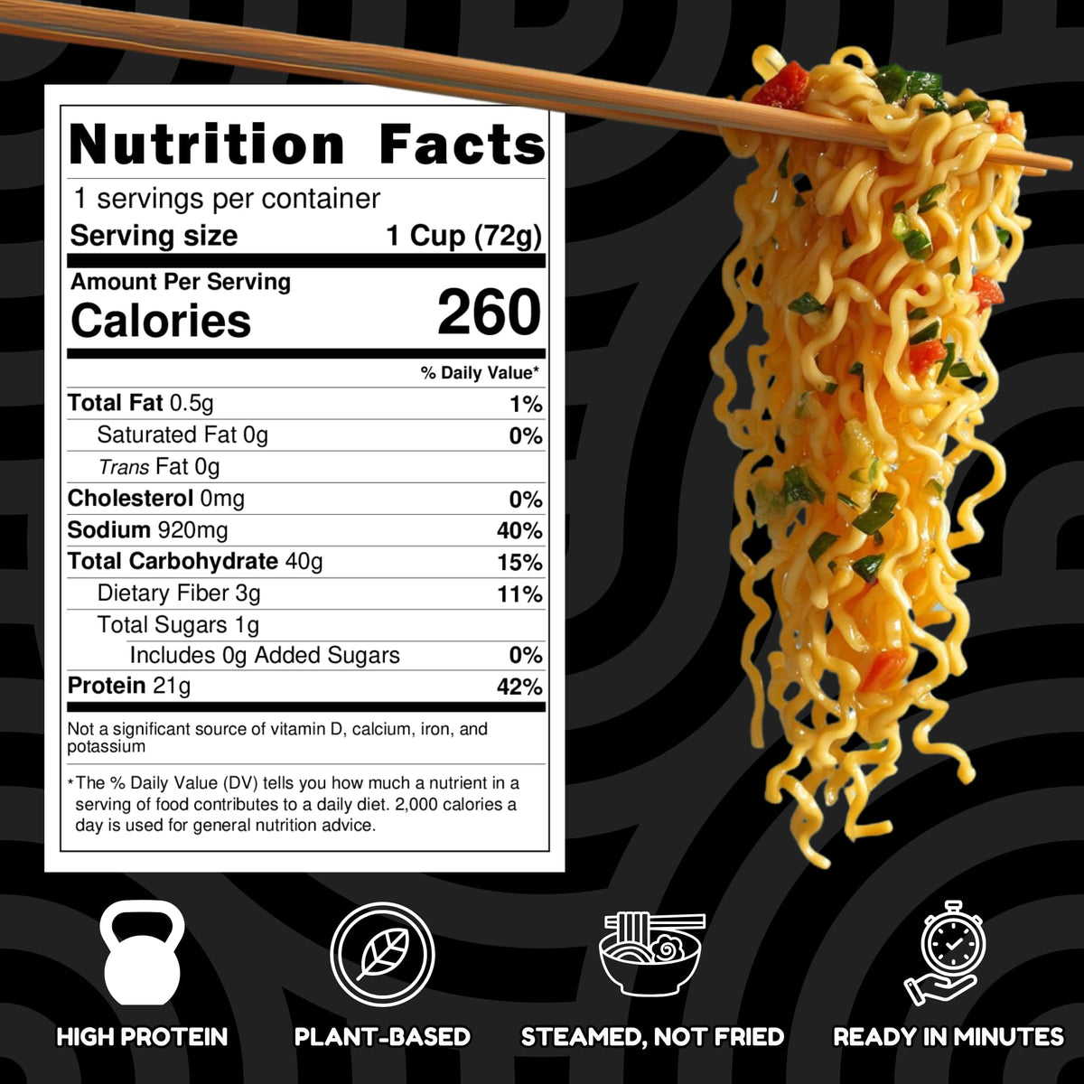 Power Noods plant-based protein ramen ingredients close-up with herbs