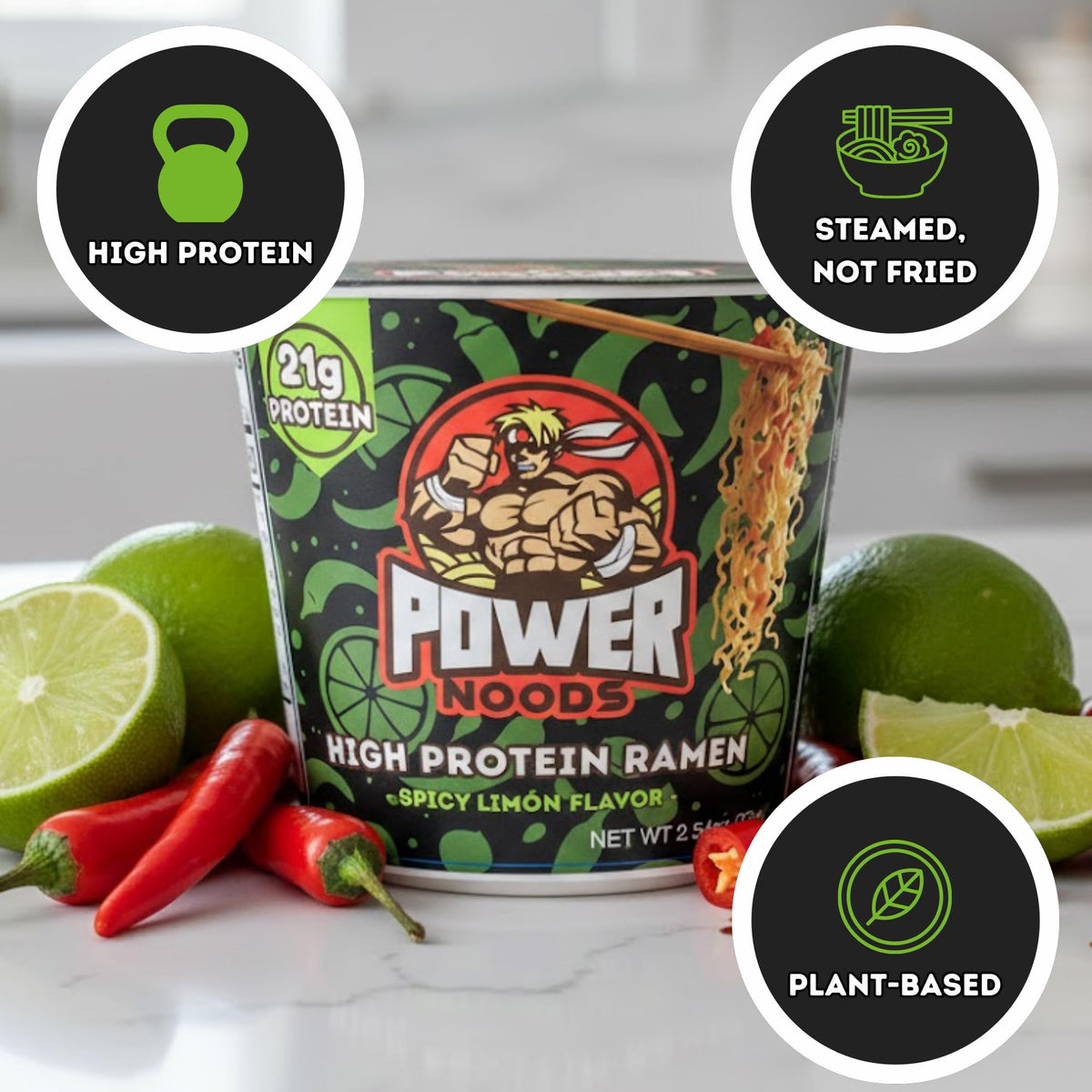Power Noods spicy limon ramen cup ingredients close-up for clean plant-based nutrition.