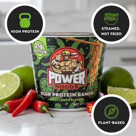 Power Noods spicy limon ramen cup ingredients close-up for clean plant-based nutrition.