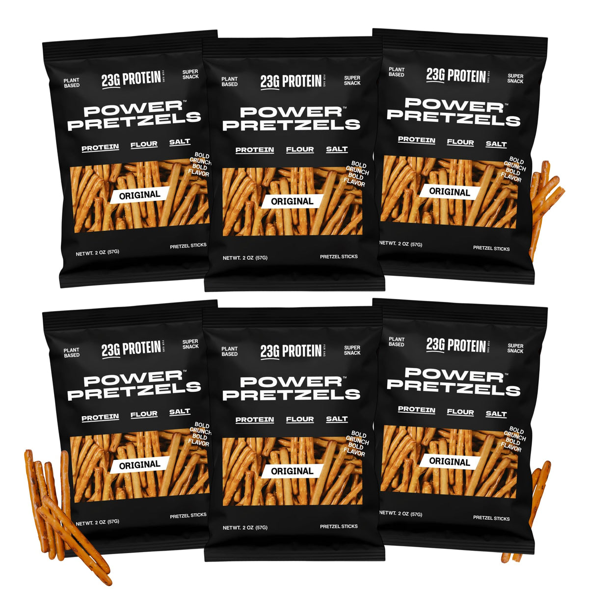 Power Pretzels protein sticks in a six-pack for a protein-packed vegan snack.
