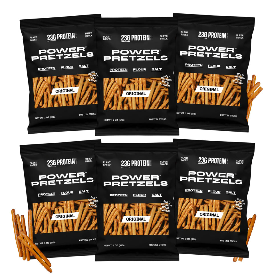 Power Pretzels protein sticks in a six-pack for a protein-packed vegan snack.