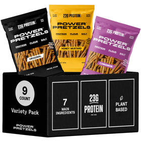 Power Pretzels variety pack front display for convenient snacking