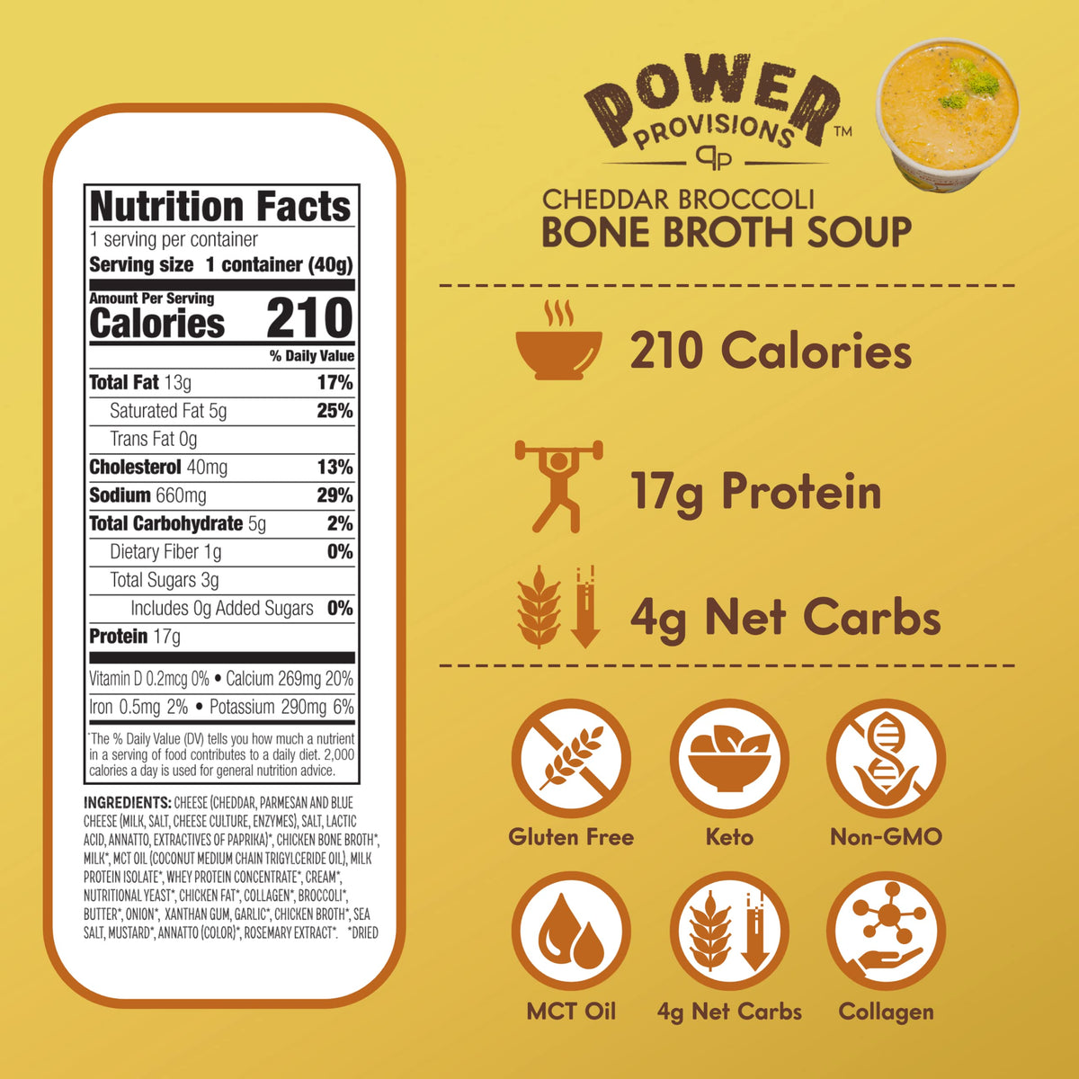 Power Provisions cheddar broccoli bone broth cup pouring hot water into the cup