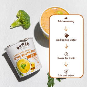 Power Provisions cheddar broccoli bone broth cup ready to sip anywhere