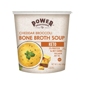 Power Provisions cheddar broccoli bone broth cup steaming for a comforting keto sip