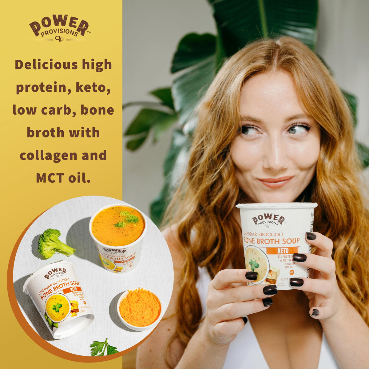 Power Provisions cheddar broccoli bone broth cup topped with toppings for customization