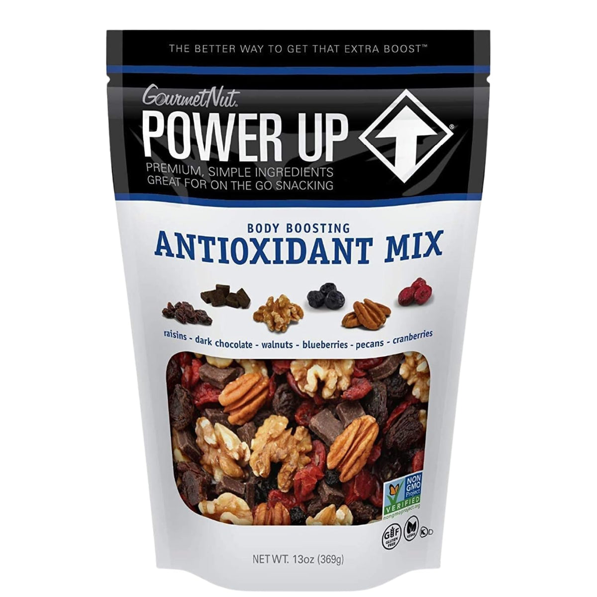 Power Up Gourmet Nut Trail Mix 13oz bag highlighting premium nuts for on-the-go snacking.
