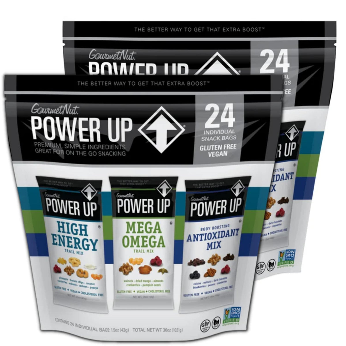 Power Up Gourmet Nut Trail Mix bag, omega-rich nuts for on-the-go energy.