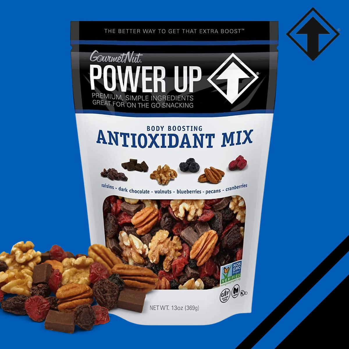 Power Up trail mix closeup shows crunchy almonds and seeds for a satisfying crunch.